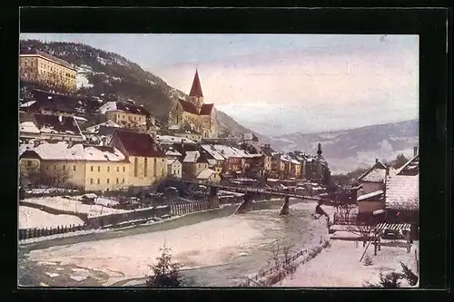 AK Murau, Ortspartie mit Mur und Brücke