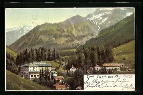 AK Bad Fusch, Ortsansicht aus der Vogelschau mit Bergblick