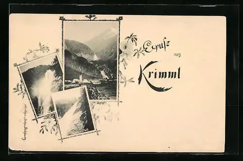 Passepartout-AK Krimml, Ortsansicht und Wasserfälle