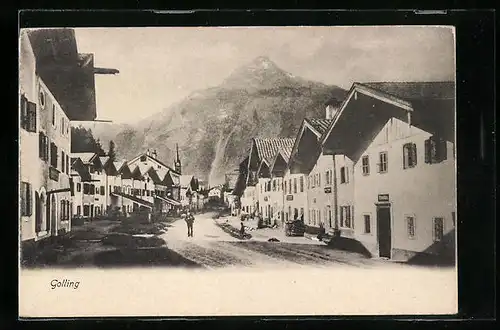 AK Golling, Strassenpartie mit Blick auf Berg