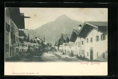 AK Golling, Partie am Marktplatz mit Bergblick