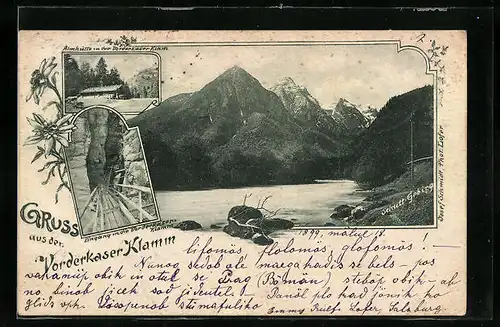 Passepartout-AK St. Martin bei Lofer, Vorderkaser Klamm - Almhütte und Eingang in die Klamm