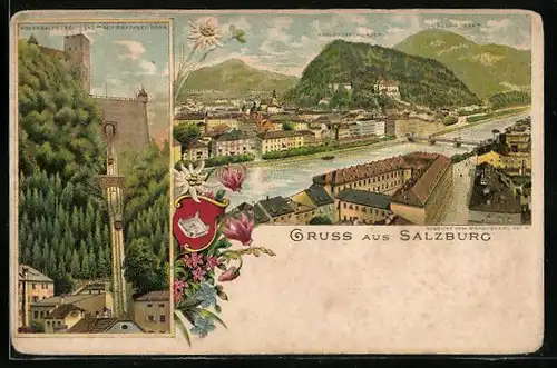 Lithographie Salzburg, Uferpartie mit Kapuzinerberg und Gaisberg, Hohensalzburg mit Drahtseilbahn
