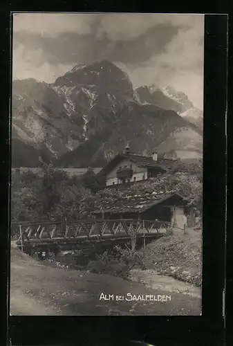 Foto-AK Alm, Blick auf eine Brücke und die Berge