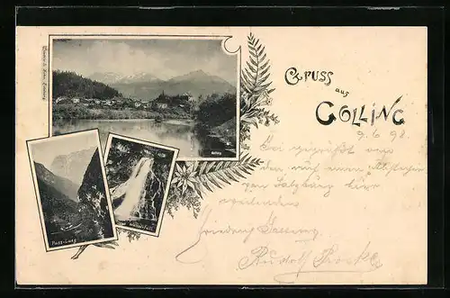 AK Golling, Ortsansicht mit Wasserfall und Pass Lueg