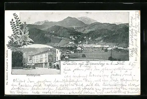 AK Hallein, Marktplatz und Ortsansicht mit dem Dürrenberg