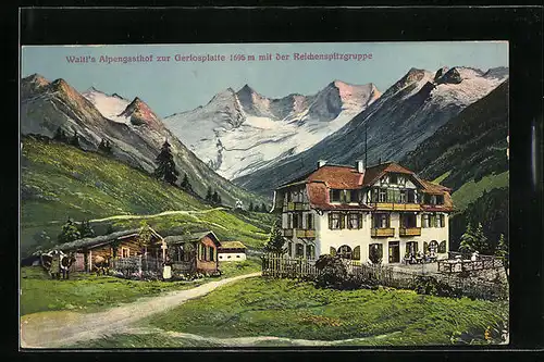 AK Krimml im Pinzgau, Waltl`s Alpengasthof zur Gerlosplatte mit der Reichenspitzgruppe