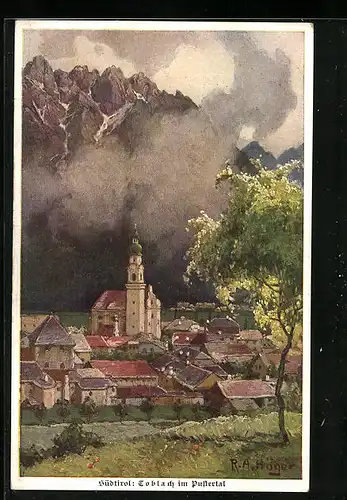 Künstler-AK Rudolf Alfred Höger: Toblach im Pustertal, Ortsansicht mit Sonnenschein und Wolken