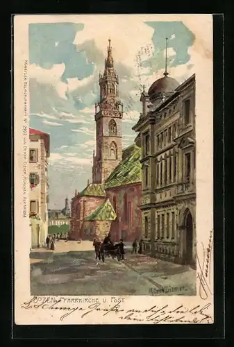 Künstler-AK Zeno Diemer: Bozen, Pfarrkirche und Post, Strassenpartie