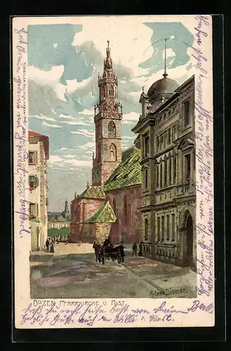 Künstler-AK Zeno Diemer: Bozen, Strassenpartie mit Pfarrkirche und Post
