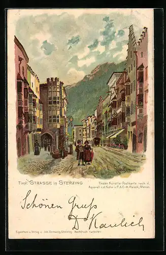 Künstler-AK F.A.C.M. Reisch: Sterzing, Strassenpartie mit Passanten