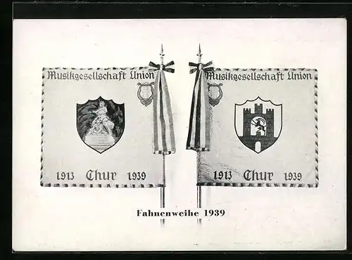 Künstler-AK Chur, Anlasskarte zur Fahnenweihe der Musikgesellschaft Union 1939, Fahnen mit Wappen