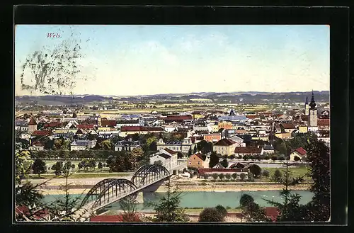 AK Wels, Teilansicht mit Brücke