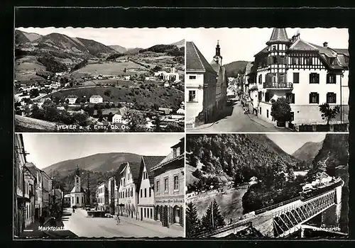 AK Weyer a. d. Enns, Strassenpartie mit Geschäft, Marktplatz mit Kirche, Bahnpartie