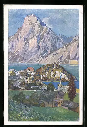 Künstler-AK Traunkirchen am Traunsee, Teilansicht mit dem Traunstein