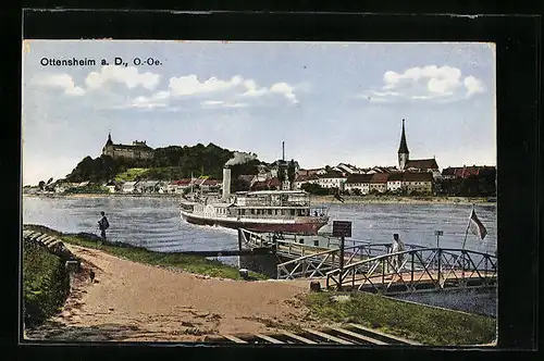 AK Ottensheim a. D., Flusspartie mit Dampfer und Ortspanorama