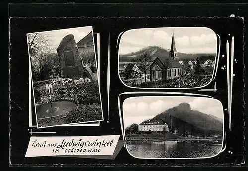 AK Ludwigswinkel im Pfälzer Wald, Kirche, Gedenkstein, Uferpartie