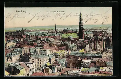 AK Hamburg, St. Catharinenkirche aus der Vogelschau