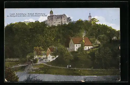 AK Rochsburg, Gräfl. Schönburg. Schloss Rochsburg mit Hängebrücke über der Zwickauer Mulde