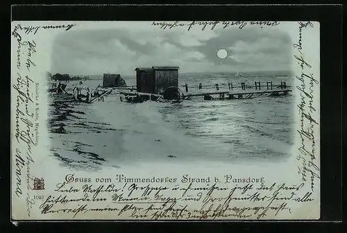 Mondschein-AK Timmendorfer Strand b. Pansdorf, Strandpartie mit Steg