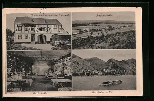 AK Bornhofen a. Rh., Gasthaus zur schönen Aussicht, Gartenhalle, Fleckertshöhe