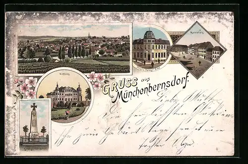 Lithographie Münchenbernsdorf, Schloss, Marktplatz, Post u. Telegrafenamt