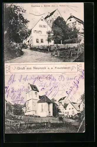 AK Neuneck, Gasthaus zur Sonne, Kirche im Ortsbild