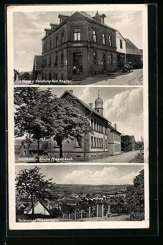 AK Miesenbach, Gasthaus und Handlung Rud. Kneller, Schule und Kirche