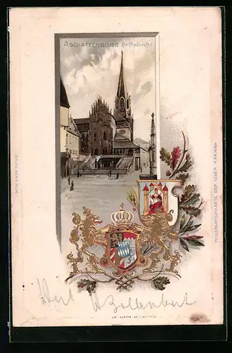 Passepartout-Lithographie Aschaffenburg, Darstellung der Stiftskirche, Wappen