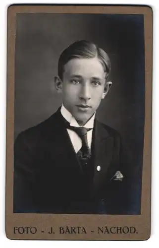 Fotografie Jindrich Bárta, Náchod, Portrait junger charmanter Mann mit Krawatte im Jackett