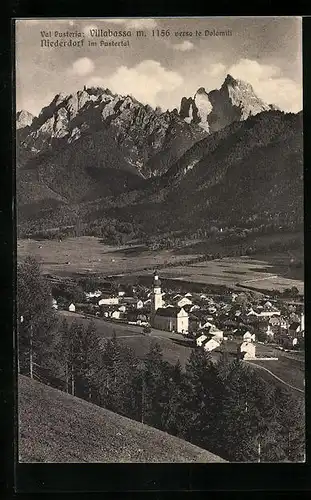 AK Niederdorf, Ortsansicht mit Kirche aus der Vogelschau