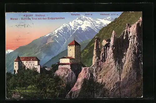 AK Meran, Schloss Tirol mit den Erdpyramiden