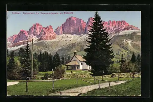 AK Karersee bei Bozen, Karersee-Kapelle mit Rotwand