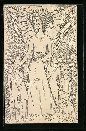 AK Kinderfürsorge 1921, Engel verteilt Äpfel an die hungrigen Kinder
