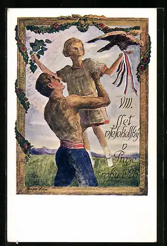 AK Prag, Mann hebt ein Mädchen in die Höhe, das einen Adler hält, Sokol, 1926