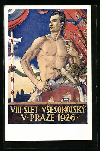 AK Prag, Mann mit Degen und Adler, Sokol 1926