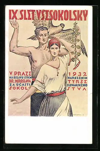 AK Prag, Paar in Tracht mit Adler, Sokol, 1932