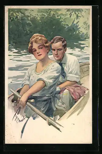AK Verliebtes Paar rudert über den See