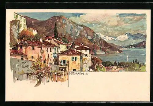 Künstler-AK Menaggio, Ortsansicht und Seepartie
