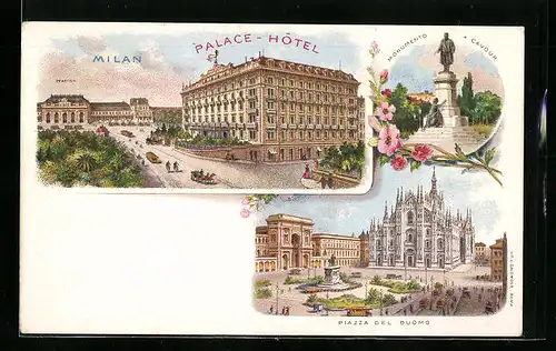 Lithographie Milano, Palace-Hotel, Piazza del Duomo, Monumento a Cavour