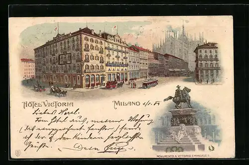 Lithographie Milano, Hotel Victoria, Monumento a Vittorio Emanuele