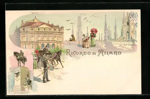 Lithographie Milano, Scala, Duomo, Monumento a Garibaldi