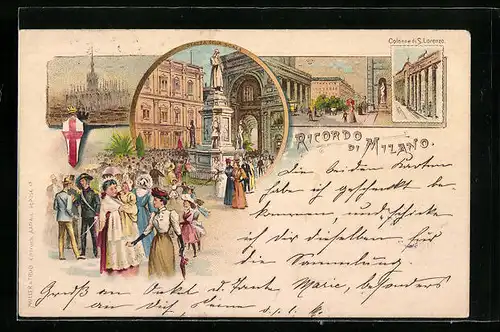 Lithographie Milano, Colonne di S. Lorenzo, Piazza della Scala, Il Duomo