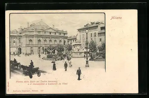 AK Milano, Piazza della Scala col Teatro omonimo e il Monumento a Leonardo da Vinci