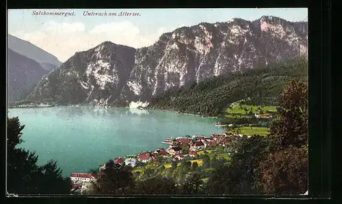 AK Unterach am Attersee, Ortsansicht und Seepartie aus der Vogelschau