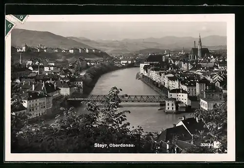 AK Steyr, Flusspartie mit Brücke aus der Vogelschau