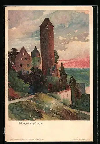 Künstler-AK Karl Mutter: Hornberg a. N., Ortspartie mit Turm und Stadtmauer