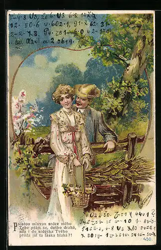 AK Liebespaar steht zusammen an einem Zaun