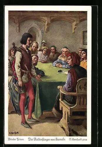 Künstler-AK Oskar Herrfurth: Der Rattenfänger von Hameln einigt sich mit den Bürgern der Stadt über seinen Lohn