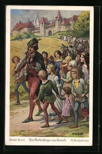 Künstler-AK Oskar Herrfurth: Der Rattenfänger von Hameln führt die Kinder aus der Stadt